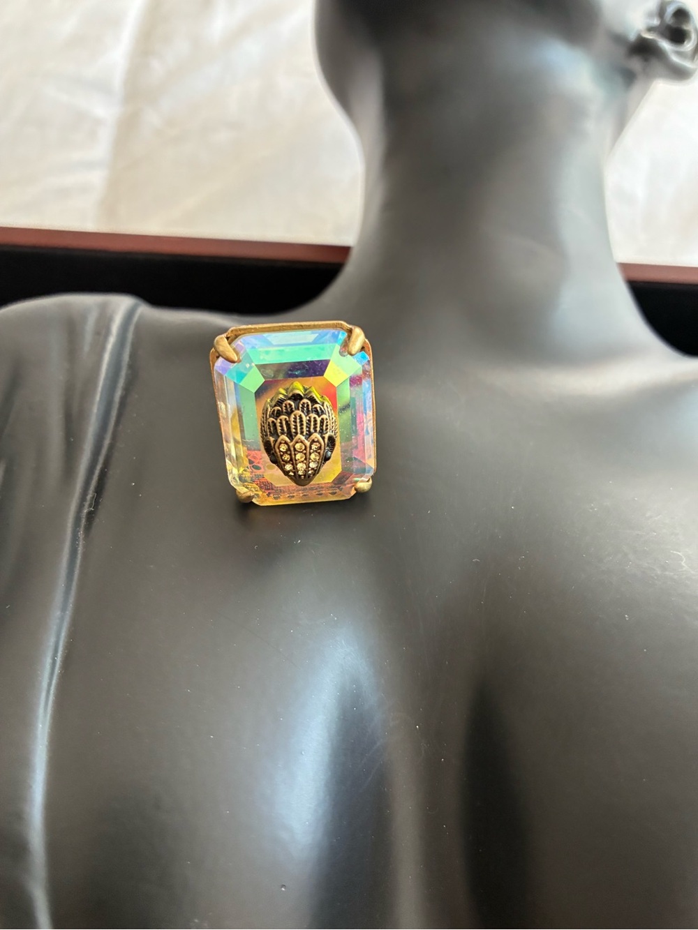 Kurt Geiger Iridescent Crystal Ring with Gold Emblem
